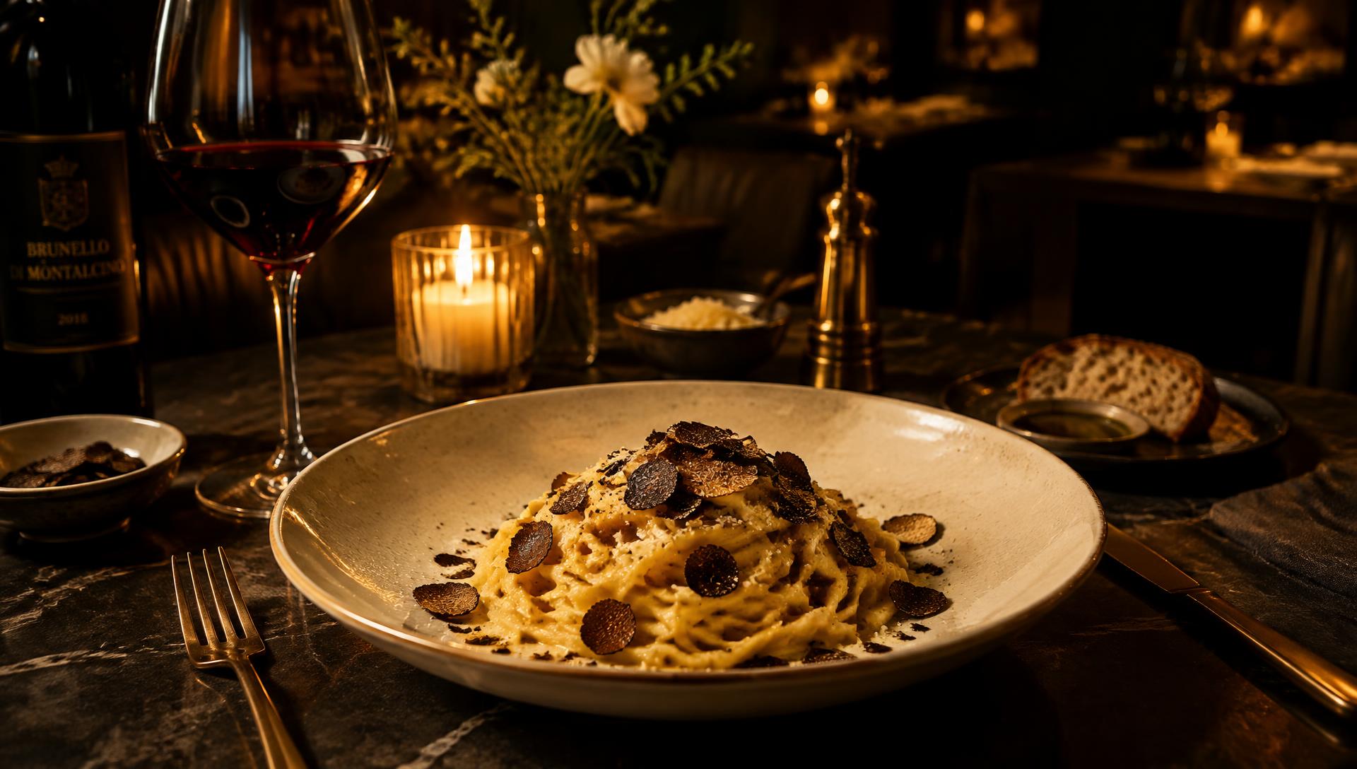 Pasta und Rotwein bei Kerzenlicht